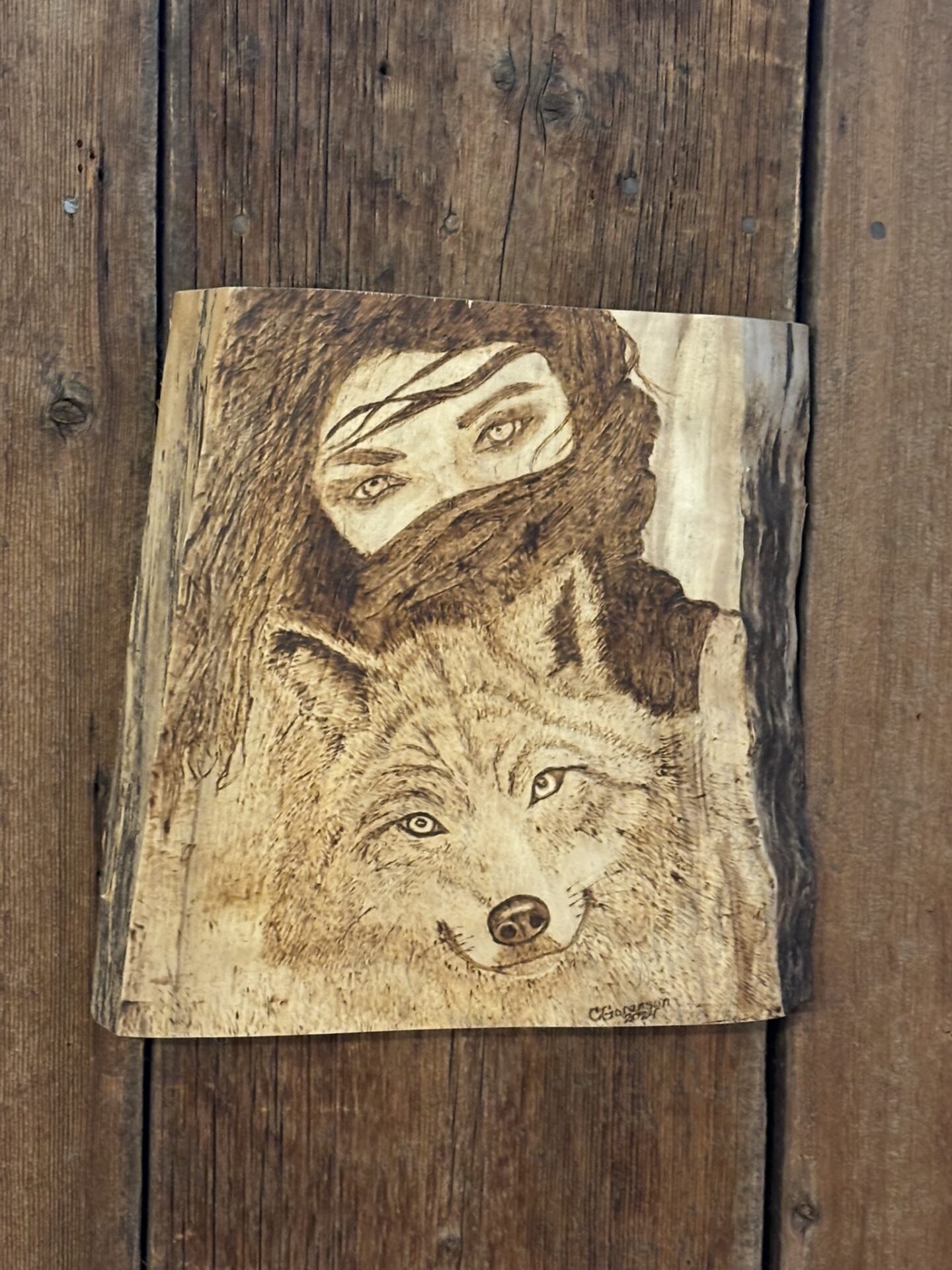 Woman and Wolf Pyrography