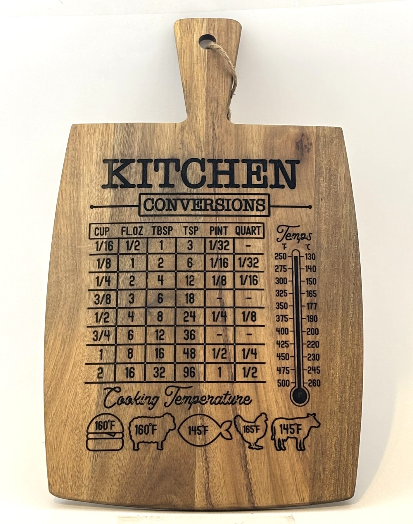 photo of cutting board with cooking conversion charts laser engraved on it.