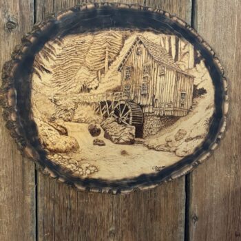Mountain Water Wheel Pyrography